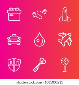 Premium set with outline vector icons. Such as destination, security, shuttle, plane, location, ventilator, navigation, abstract, cooler, electric, position, fan, gift, taxi, key, christmas, travel