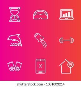 Premium set with outline vector icons. Such as rocket, laptop, underwater, glasses, craft, exercise, business, gym, hourglass, countdown, animal, owner, cancel, wildlife, connection, timer, minute