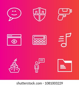 Premium set with outline vector icons. Such as sign, page, , message, safety, protection, gun, folder, music, chat, concept, retro, dialog, browser, person, office, bubble, secure, musical, paper, web