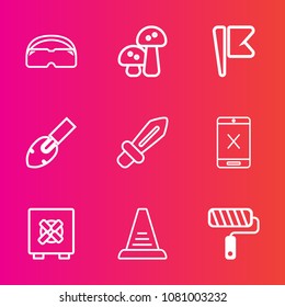 Premium set with outline vector icons. Such as shovel, paint, fungus, glasses, food, weapon, lock, coaxial, subscription, tool, cord, nature, business, white, mask, roll, up, roller, bank, nation