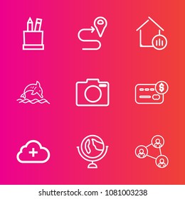 Premium set with outline vector icons. Such as nature, colorful, house, school, card, pencil, location, property, stationery, display, ocean, equipment, bank, direction, add, box, navigation, screen