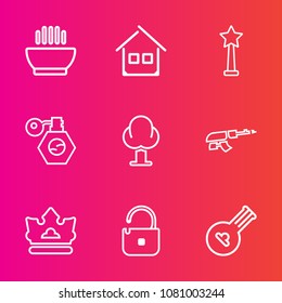 Premium set with outline vector icons. Such as home, beauty, wood, music, medal, royal, pump, nature, musical, security, cuisine, queen, gun, lunch, tree, protection, estate, perfume, construction