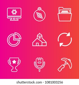 Premium set with outline vector icons. Such as karaoke, voice, reload, song, pie, graph, nautical, travel, microphone, paper, open, achievement, computer, folder, direction, winner, equipment, office