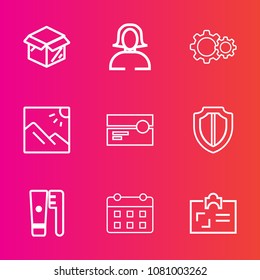 Premium set with outline vector icons. Such as young, clean, day, security, hygiene, care, shipping, stereo, brush, woman, music, girl, calendar, tape, box, unpacking, house, id, health, delivery, new