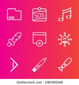 Premium set with outline vector icons. Such as graphic, concept, technology, medieval, war, document, help, life, weapon, sos, knight, internet, battle, blade, rescue, pen, approve, screen, steel, web