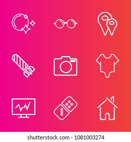 Premium set with outline vector icons. Such as sight, estate, model, equipment, house, cute, building, medicine, domino, bodysuit, bomb, danger, row, girl, white, photo, optical, location, fashion