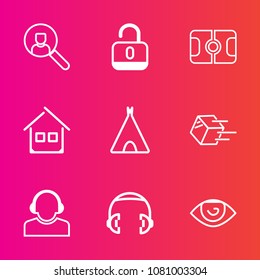Premium set with outline vector icons. Such as online, architecture, search, unlock, soccer, building, body, football, tent, internet, website, lock, adventure, equipment, service, business, safety