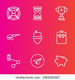 Premium set with outline vector icons. Such as winner, communication, army, coin, toilet, finance, cup, restroom, professional, management, clock, internet, targeting, navigation, pretty, time, point