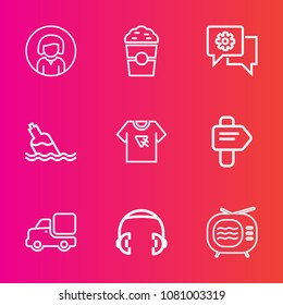 Premium set with outline vector icons. Such as sound, bottle, direction, television, coffee, face, female, lorry, pretty, chat, beauty, music, truck, antenna, business, tv, vehicle, young, mobile, way