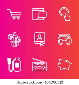 Premium set with outline vector icons. Such as tipper, office, retail, website, button, safety, equipment, store, weapon, online, audio, web, money, contact, grenade, address, click, sound, coin, cart