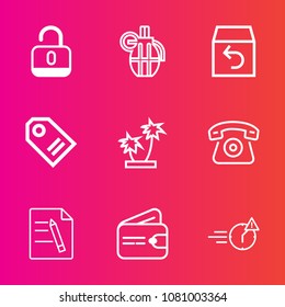 Premium set with outline vector icons. Such as open, military, summer, mobile, weapon, home, lock, night, shipping, man, danger, sale, order, money, tag, label, finance, war, safe, telephone, delivery