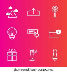 Premium set with outline vector icons. Such as sign, sea, hill, air, nature, fashion, ventilator, top, blue, peak, ocean, wind, upload, landscape, electric, present, fan, coin, money, package, sky