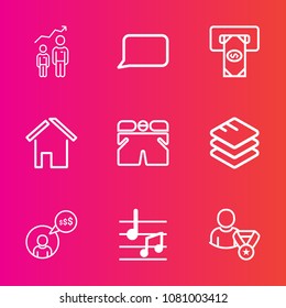 Premium set with outline vector icons. Such as progress, freelancer, cash, talk, bank, fashion, estate, business, musical, home, freelance, house, chat, information, management, building, sound, work