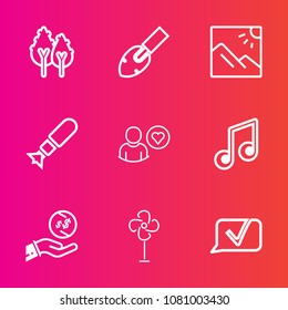 Premium set with outline vector icons. Such as screwdriver, war, travel, communication, picture, nature, photo, cooler, investment, tree, green, online, wood, air, money, electric, plant, equipment