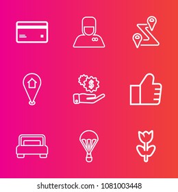Premium set with outline vector icons. Such as banking, sky, jump, search, bedroom, bellhop, web, travel, business, spring, card, location, bellboy, plastic, pin, money, navigation, bed, bank, extreme
