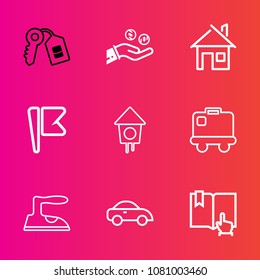 Premium set with outline vector icons. Such as wooden, taxi, transport, safe, coin, open, estate, cash, airport, vehicle, home, hand, currency, building, door, bag, click, clothes, ironing, money, key