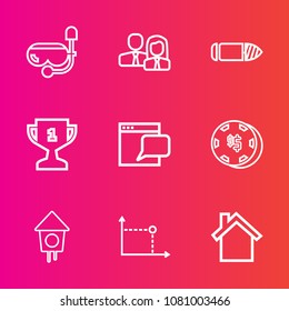 Premium set with outline vector icons. Such as gun, award, people, sea, mask, casino, sign, technology, horizontal, team, snorkel, luck, first, winner, birdhouse, sport, geometry, water, military, web