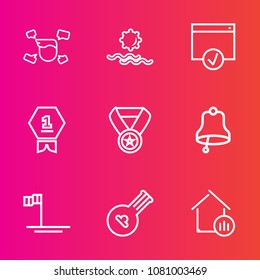 Premium set with outline vector icons. Such as light, estate, blue, morning, page, property, achievement, prize, instrument, fashion, alarm, sky, bell, win, real, man, sun, ring, sign, beach, boy