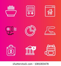 Premium set with outline vector icons. Such as technology, food, modern, online, rucksack, real, banking, pie, housework, female, domestic, fan, tasty, tag, background, property, estate, soup, cuisine
