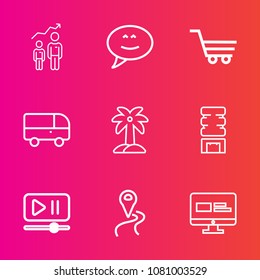 Premium set with outline vector icons. Such as dialog, white, container, personal, map, summer, button, career, player, cold, growth, drink, route, progress, management, man, location, navigation, bus