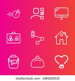 Premium set with outline vector icons. Such as technology, notebook, screen, monitor, office, man, clean, laptop, location, estate, internet, navigation, late, container, profile, deadline, personal