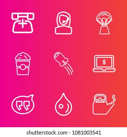 Premium set with outline vector icons. Such as transportation, rocket, travel, space, customer, contact, communication, center, laptop, people, air, kettle, rain, office, phone, craft, telephone, call