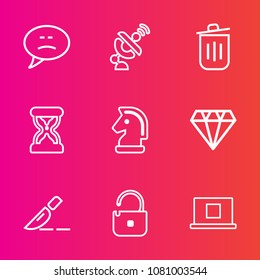 Premium set with outline vector icons. Such as communication, sand, wireless, bin, hour, strategy, crystal, horse, timer, time, speech, garbage, space, trash, technology, clock, chess, diamond, web