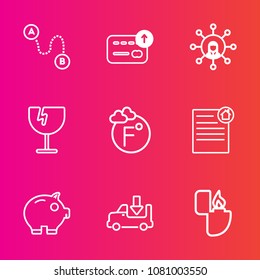 Premium set with outline vector icons. Such as place, thermometer, fire, destination, transportation, scale, sign, temperature, screen, shattered, technology, display, flame, estate, finance, document
