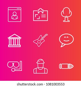 Premium set with outline vector icons. Such as identification, environment, internet, music, document, europe, guitar, profile, tourism, equipment, id, weapon, sky, social, personal, bullet, business