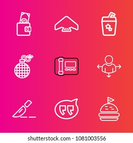 Premium set with outline vector icons. Such as surgery, fire, clinic, power, message, office, juice, cocktail, danger, summer, tomato, glass, travel, lunch, modern, female, medical, direction, wallet