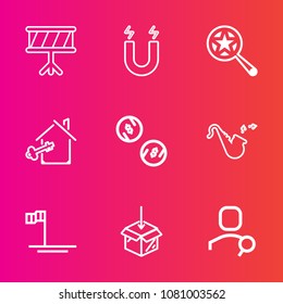 Premium set with outline vector icons. Such as house, search, education, account, sign, finance, musical, estate, ocean, cash, pole, drum, violin, science, upload, web, find, internet, magnetic, blue