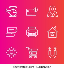 Premium set with outline vector icons. Such as travel, purchase, fly, cart, magnetic, aviation, helicopter, target, map, home, chopper, science, pole, sky, estate, transportation, bank, building, air