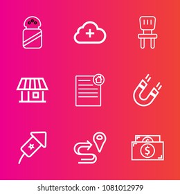 Premium set with outline vector icons. Such as currency, field, house, real, white, room, bath, contract, magnetic, road, document, comfortable, mineral, location, cooking, chair, building, money, sea
