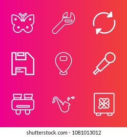 Premium set with outline vector icons. Such as arrow, spanner, butterfly, security, fly, repair, musical, refresh, spy, map, watch, maintenance, reload, lock, tool, wing, equipment, bank, wrench, mic