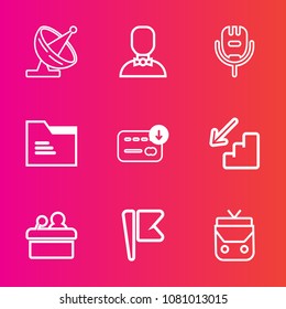 Premium set with outline vector icons. Such as style, paper, fashion, radio, song, social, wireless, people, speaker, folder, technology, downstairs, object, leather, up, money, karaoke, meeting, bag