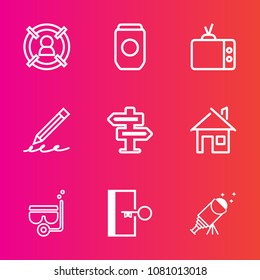 Premium set with outline vector icons. Such as targeting, concept, education, tin, telescope, can, hand, group, market, exit, room, sign, snorkel, pen, hanger, architecture, water, house, astronomy