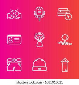 Premium set with outline vector icons. Such as landmark, holiday, business, coin, carnival, sky, white, tower, sun, festival, identity, song, fun, singer, travel, party, hat, fashion, air, morning, id