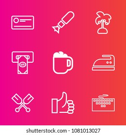 Premium set with outline vector icons. Such as up, success, nature, cafe, work, computer, hand, ironing, war, atm, payment, drink, laptop, bank, domestic, mug, coffee, attack, canoe, bomb, nuclear