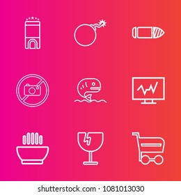 Premium set with outline vector icons. Such as sign, business, hotel, shattered, doctor, falling, medical, room, travel, holiday, bullet, technology, seafood, cart, dinner, soup, buy, sea, hot, crash