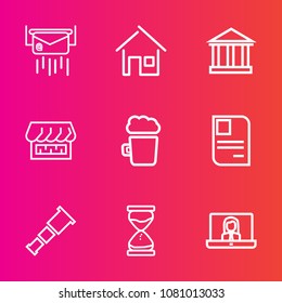 Premium set with outline vector icons. Such as property, envelope, hourglass, drink, house, telescope, mail, letter, astronomy, call, correspondence, id, communication, architecture, time, bar, shop