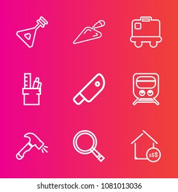 Premium set with outline vector icons. Such as hammer, art, price, search, luggage, tourism, suitcase, cut, train, terminal, equipment, real, construction, railway, folk, sign, wooden, knife, tool