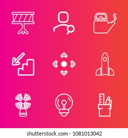 Premium Set With Outline Vector Icons. Such As Downstairs, Business, Light, Science, Account, Hot, Office, Lighthouse, Bulb, Web, Internet, Seamark, Electric, Work, Search, Upstairs, Drum, Button, Sea