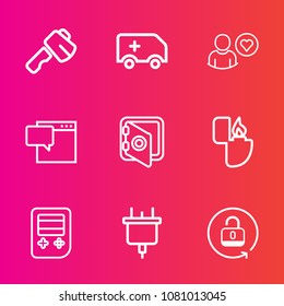 Premium set with outline vector icons. Such as emergency, electric, building, bubble, transportation, plug, button, open, fire, technology, repair, flame, hammer, medical, tool, banking, rescue, lock