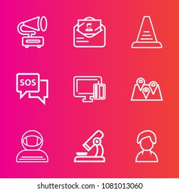 Premium set with outline vector icons. Such as biology, laboratory, road, entertainment, location, player, pin, help, sos, cosmonaut, up, ladder, shopping, concept, female, card, business, travel, map