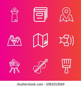 Premium set with outline vector icons. Such as gps, navigation, learning, textbook, white, music, europe, brush, travel, home, sound, location, famous, world, pin, bbq, grill, cooking, telephone, web