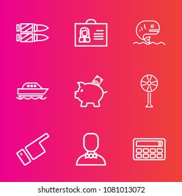 Premium set with outline vector icons. Such as ocean, war, weapon, cooler, gun, money, female, fan, showing, pointing, fishing, direction, ventilator, white, male, bullet, person, sea, food, people