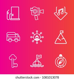 Premium set with outline vector icons. Such as petroleum, sky, video, pump, equipment, film, station, movie, screen, handle, vintage, display, north, life, gas, service, direction, metal, music, move