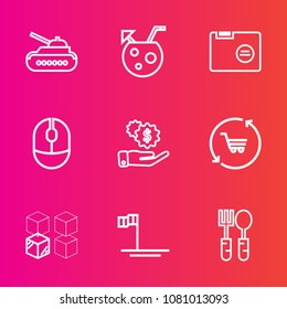 Premium set with outline vector icons. Such as ocean, blank, finance, armored, shop, house, battle, weapon, armor, investment, file, beach, replacement, restaurant, device, spoon, cardboard, dinner