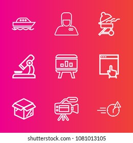 Premium set with outline vector icons. Such as cruise, bbq, video, hospitality, website, barbecue, water, cardboard, bellboy, speed, meat, infographic, service, microphone, uniform, new, lens, click