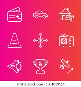 Premium set with outline vector icons. Such as estate, traffic, wireless, car, buy, plane, concept, achievement, finance, airplane, dollar, aircraft, staircase, pay, sale, first, place, wallet, taxi